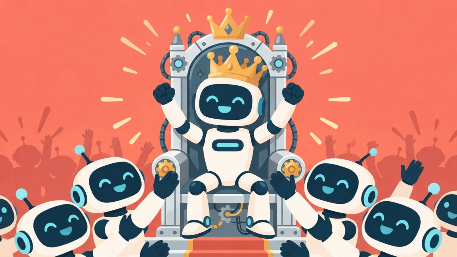 A crowned robot cheering on a throne while a crowd of smiling robots celebrates around it