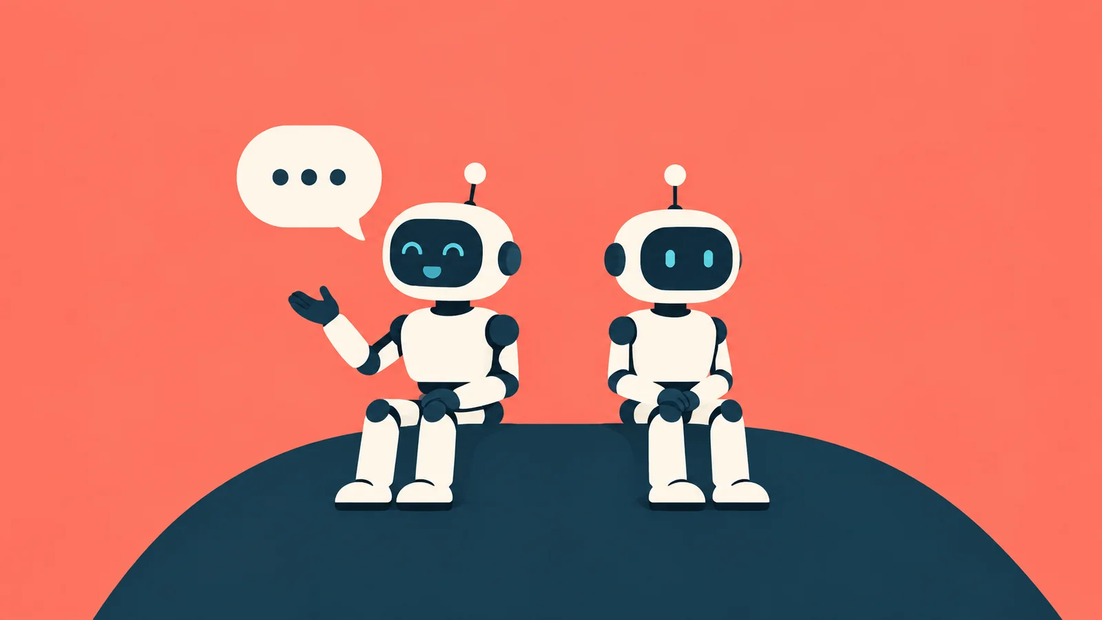 Two small robots sitting side by side on a hill, one chatting with a speech bubble, the other quietly listening