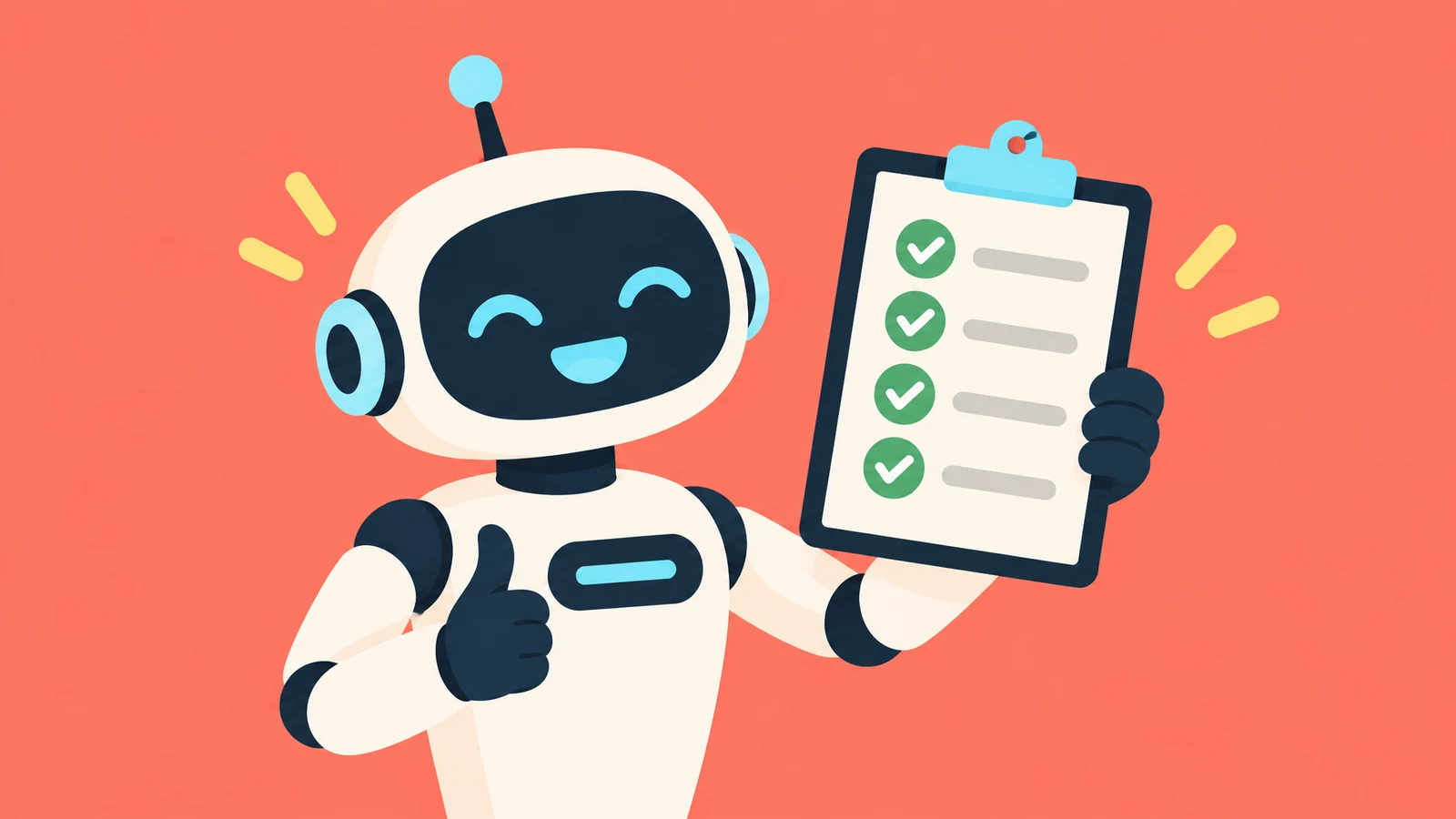 A cheerful robot giving a thumbs up while holding up a clipboard of ticked-off items